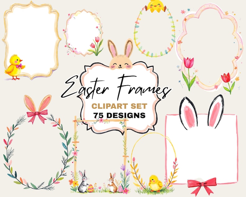 Hand Drawn Easter Frames Clipart Bundle Bunnies, Chicks, Bows Spring ...