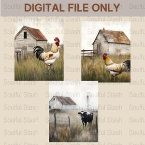 Rustic Farmhouse Digital Art Prints, Rooster and Cows, Vintage Countryside Barn Paintings, Home Decor Wall Art Set