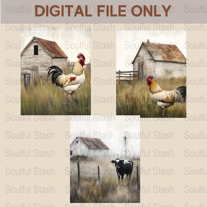 Rustic Farmhouse Digital Art Prints, Rooster and Cows, Vintage Countryside Barn Paintings, Home Decor Wall Art Set