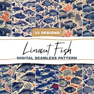 May include: A collection of ten digital seamless patterns featuring various fish designs in navy blue, red, and white. The patterns include fish illustrations with coral and seaweed elements. The text "Linocut Fish" and "Digital Seamless Pattern" are displayed.