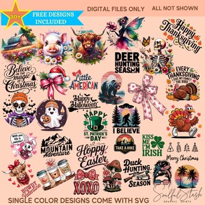 May include: A collection of 30+ single color SVG designs for t-shirts, featuring various themes like Christmas, Halloween, Thanksgiving, St. Patrick's Day, Easter, and more. The designs include text, animals, and other festive elements.