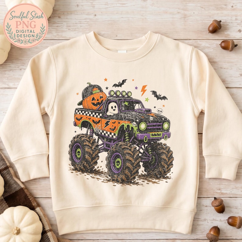 A white sweatshirt with a Halloween-themed graphic of a monster truck carrying a jack-o-lantern and bats on a wooden surface.