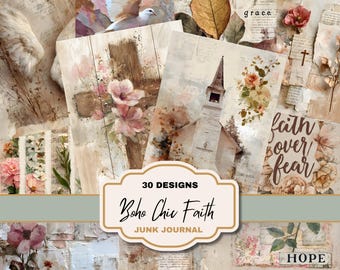 Soft Boho Chic Faith Junk Journal Pages Bundle Watercolor Crosses, Florals,  Vintage Collage Elements Digital Download