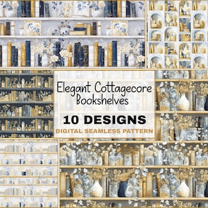May include: A digital seamless pattern featuring elegant cottagecore bookshelves. The design includes stacks of books in various colors, vases, and floral arrangements. The text "Elegant Cottagecore Bookshelves" and "10 Designs Digital Seamless Pattern" is displayed.