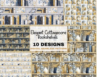 Elegant cottagecore bookshelf seamless pattern blue floral boho books, florals Digital Download