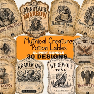 Könnte beinhalten: Eine Sammlung von Etiketten für Zaubertränke im Vintage-Stil mit Fabelwesen und Apotheken-Motiven. Die Etiketten enthalten Texte wie Troll Hide Balm, Minotaur Marrow, Basilisk Venom, Gorgon's Gaze, Wraith's Breath, Phoenix Ash, Cyclops Eye Drops, Kraken Ink, Werewolf Tonic und Vampire's Thirst.