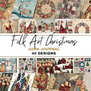 Puede incluir: Una colección de diseños de diario basura de Navidad de arte popular. La imagen presenta varias ilustraciones de temas navideños, incluyendo un reno, Papá Noel y escenas de pueblos invernales. El texto "Folk Art Christmas" y "40 Designs" también es visible.