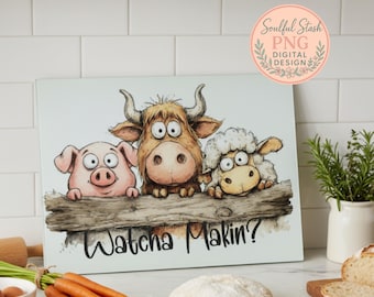 A playful trio of farm animals with a wood fence with Whatcha Makin, humorous farmhouse kitchen cutting board design
