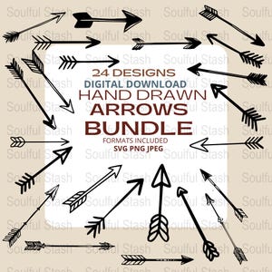 Puede incluir: Un paquete gráfico de descarga digital con 24 diseños de flechas dibujadas a mano en negro. La imagen incluye el texto "24 DESIGNS DIGITAL DOWNLOAD HAND DRAWN ARROWS BUNDLE" con formatos SVG, PNG y JPEG.