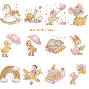 a series of illustrations of a baby girl's nursery items
