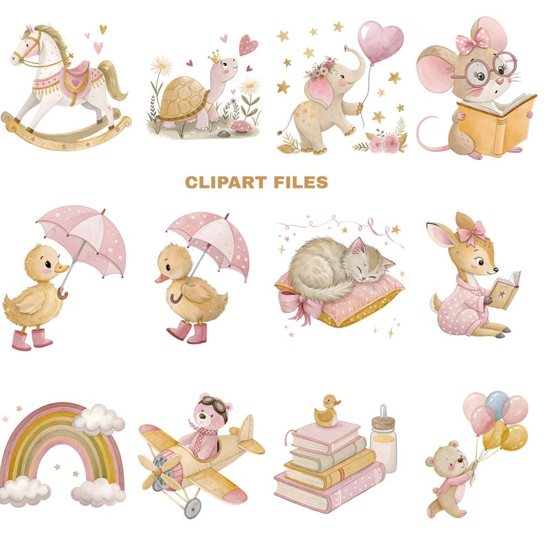 a series of illustrations of a baby girl's nursery items