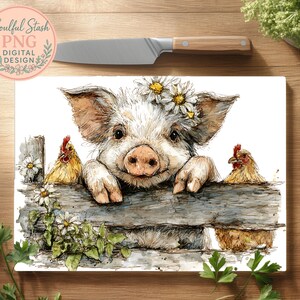 A sweet pig with a daisy crown leaning over a rustic fence with chickens, charming farmhouse kitchen glass cutting board designs image 4