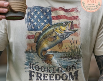 Bass Fishing Patriotic Hooked on Freedom Jump Graphic with Flag Water Scene PNG