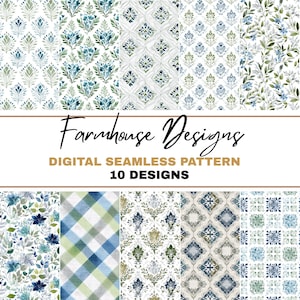 Lot de motifs floraux sans couture de ferme : Vichy aquarelle et carreaux vintage (téléchargement numérique PNG