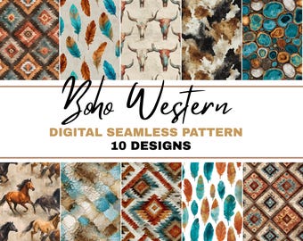 Wildes Western-Aquarell-Muster-Bundle: Pferde, Schädel, Federn (PNG Digital Download)