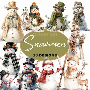 Watercolor Snowman Clipart Bundle, Christmas PNG Set, Holiday Sublimation Design, Winter Clipart, Cozy Snowman Art, Digital Download