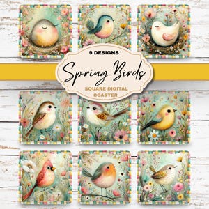 May include: Nine square coasters featuring watercolour illustrations of birds in a spring garden. Each coaster has a different bird design, surrounded by flowers and foliage. The text "Spring Birds" is displayed on a decorative label.