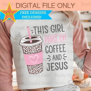 May include: White and pink graphic tee with a coffee cup and the text "This girl runs on coffee and Jesus".