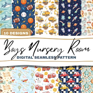 May include: Ten digital seamless patterns for a boy's nursery room. The designs include sharks, sports balls, construction vehicles, space, safari animals, pirates, aeroplanes, fire engines, cars, and robots. The text reads 'Boys Nursery Room'.