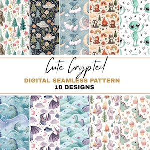 Puede incluir: Una colección de diez patrones digitales sin costuras con un tema de críptidos lindos. Los diseños incluyen ilustraciones de Bigfoot, ovnis, dragones, extraterrestres y otras criaturas caprichosas. Los patrones presentan una variedad de colores y estilos, perfectos para proyectos de arte digital.