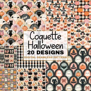 Coquette Halloween Seamless Pattern Bundle, Pink Pumpkin, Gingham Bows Ghosts Cats Bats, Fall Scrapbook Backgrounds, Digital Download