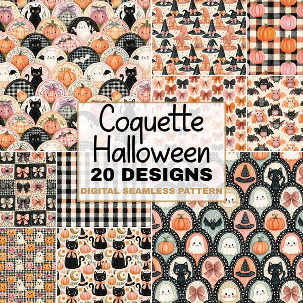 Coquette Halloween Seamless Pattern Bundle, Pink Pumpkin, Gingham Bows Ghosts Cats Bats, Fall Scrapbook Backgrounds, Digital Download