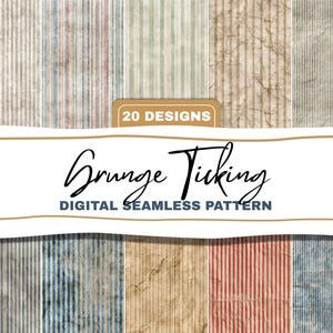 May include: A digital seamless pattern with vertical striped designs in various muted tones. The image displays the text "Grunge Ticking" and "20 Designs". The patterns have a vintage, distressed appearance.