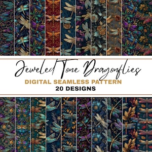 Puede incluir: Un patrón digital sin costuras con libélulas en tonos joya en varios colores, incluyendo verde azulado, dorado y morado, sobre un fondo oscuro. La imagen incluye el texto "Jeweled Tone Dragonflies" y "Digital Seamless Pattern, 20 Designs."