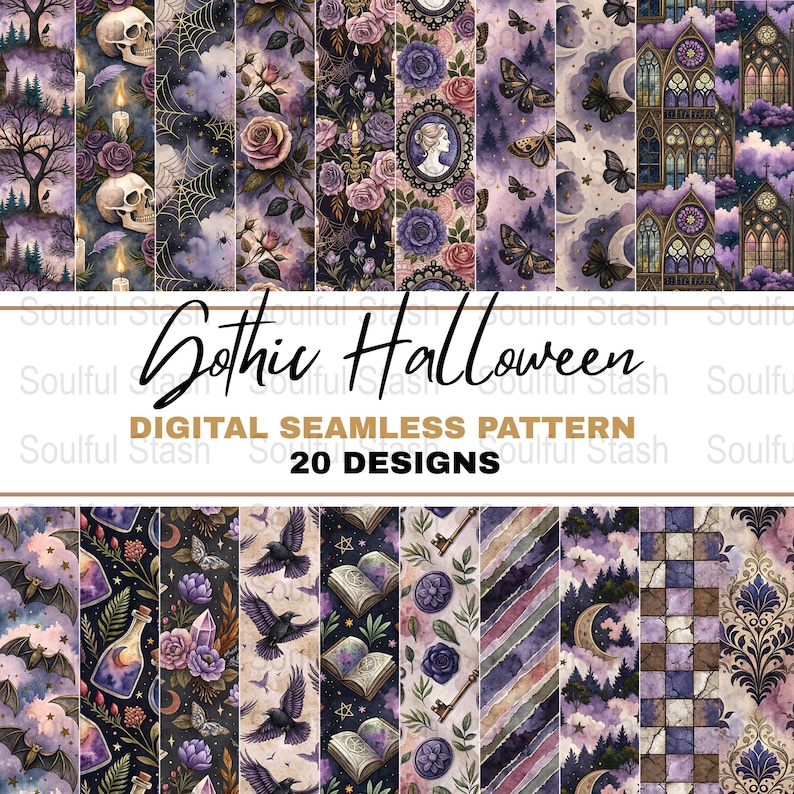 Gothic Halloween Digital Seamless Pattern, Skulls Flowers Clocks, 20 Designs Pack