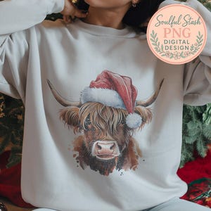Highland Cow Christmas PNG, Czapka Świętego Mikołaja Highland Cow Sublimacja, Projekt kubka Farmhouse Highland Cow, Grafika na koszulce Farmhouse Christmas