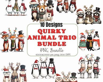 May include: A digital PNG bundle featuring ten quirky animal trio designs. The watercolor illustrations include festive animals like foxes, cats, and penguins, all dressed in holiday attire. The text reads "Quirky Animal Trio Bundle".
