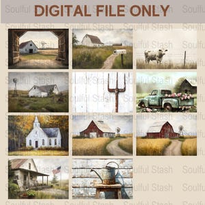 Rustic Farmhouse Digital Art Prints, Vintage Barns and Country Landscapes, Instant Download Decor