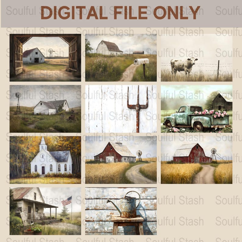 Rustic Farmhouse Digital Art Prints, Vintage Barns and Country Landscapes, Instant Download Decor
