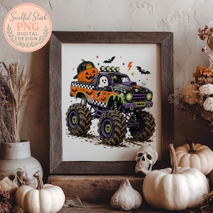 a Halloween-themed illustration of a monster truck with a jack-o-lantern passenger, surrounded by pumpkins and other Halloween decorations.