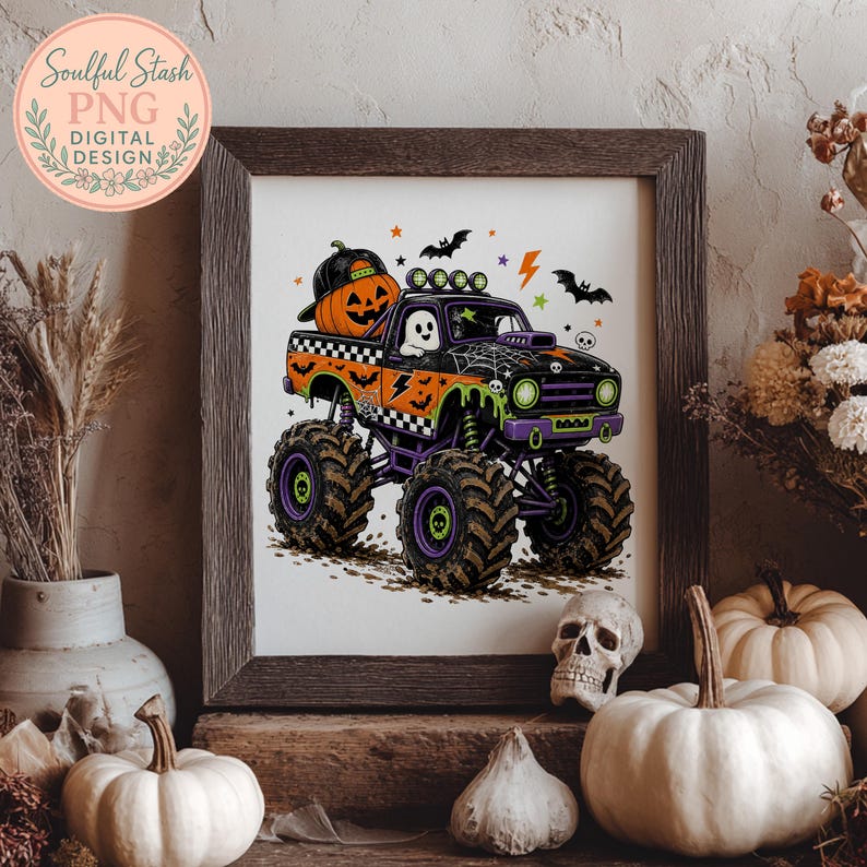 a Halloween-themed illustration of a monster truck with a jack-o-lantern passenger, surrounded by pumpkins and other Halloween decorations.