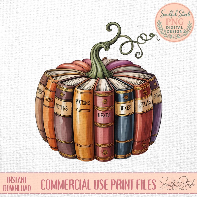 A collection of colorful books arranged in the shape of a pumpkin, with each book labeled with a different type of book, such as "POTIONS", "HEXES", "SPELLS", and "HEQUES".