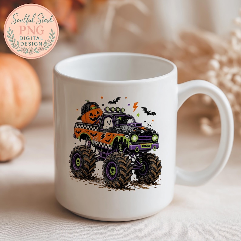 A white mug with a Halloween-themed graphic of a monster truck with a jack-o-lantern on the back.