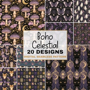 May include: A digital collection of 20 seamless patterns featuring purple mushrooms, butterflies, ghosts, paisley, snakes, roses, owls, foxes, and black cats with celestial moons and stars. The central text reads Boho Celestial 20 DESIGNS DIGITAL SEAMLESS PATTERN.