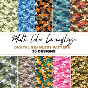 May include: A digital seamless pattern with ten camouflage designs in various colours. The patterns include green, blue, orange, and pink. The image includes the text "Multi Color Camouflage" and "Digital Seamless Pattern 10 Designs".