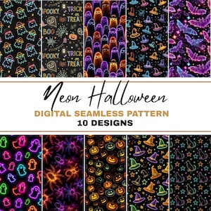 Puede incluir: Diez patrones digitales sin costuras con un tema de Halloween neón. Los diseños incluyen fantasmas, arañas, calabazas, sombreros de bruja, murciélagos y gatos. También se ve el texto "Neon Halloween" y "Digital Seamless Pattern".
