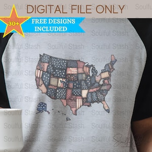 Patriotische USA Karte T-Shirt, digitale Kunst, 4. Juli Clipart, Retro Sublimationsdesign, Vintage amerikanische Flagge, kommerzielle Nutzung PNG, Faux Quilt