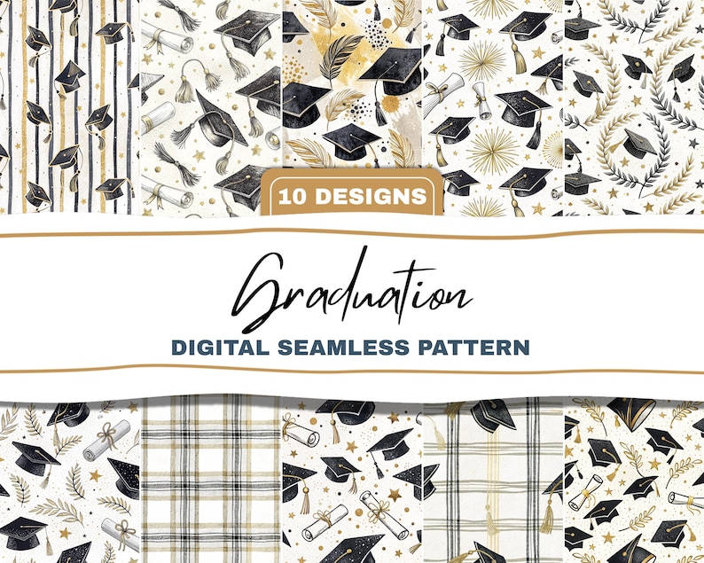 a collection of graduation-themed digital seamless patterns, including various designs with graduation caps, mortarboards, and other graduation-related elements. The patterns are arranged in a grid format, showcasing a range of styles and designs that can be used for graduation-related projects or decorations.