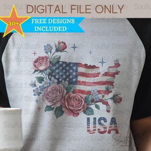 4. Juli Blumen USA Karte T-Shirt, Digitales Design, Vaterländische PNG Clipart, Sublimation zum Unabhängigkeitstag, Sommerblumen, Geschenkidee der Mutter