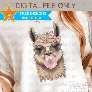 May include: A digital illustration of a llama wearing pink sunglasses and a pink bow. The llama is blowing a pink bubble. The image is on a white background with the text "Soulful Stash Graphic Shirts" at the bottom.