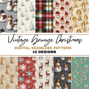 Puede incluir: Una colección digital de diez patrones navideños vintage grunge sin costuras. Los diseños incluyen muñecos de nieve, árboles de Navidad, cuadros escoceses, caras de Papá Noel, ángeles, copos de nieve, renos y bastones de caramelo. El texto dice "Vintage Grunge Christmas" y "Digital Seamless Pattern".