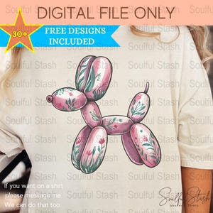 Spring Pink Dog Balloon Animal Art PNG, Kids Digital Download, Unique Sublimation Design, Birthday Party Gift Idea, Flower Shirt Graphic