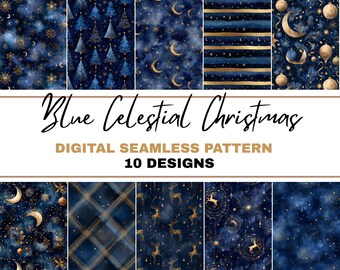 Blue & Gold Celestial Christmas Seamless Pattern Bundle, Pattern Print, Holiday Night Sky Digital Paper Set, Gold Celestial Holiday