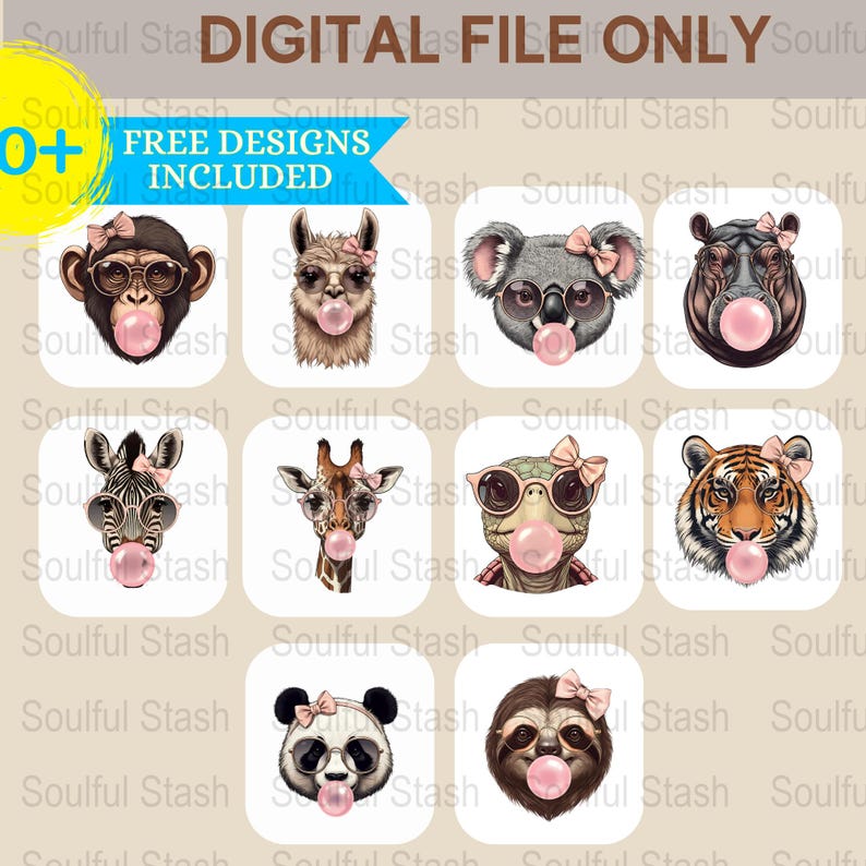 Zoo Animal Bubble Gum Clipart Bundle, Cute Bubblegum Animals PNG, Funny Animal Sublimation Design, Coquette Pink, Funny Shirt Mugs Design image 6