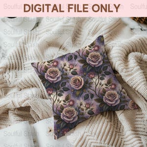 Floral Throw Pillow Cover, Purple Roses Decorative Cushion Case, Digital File Only, Instant Download Home Decor Design