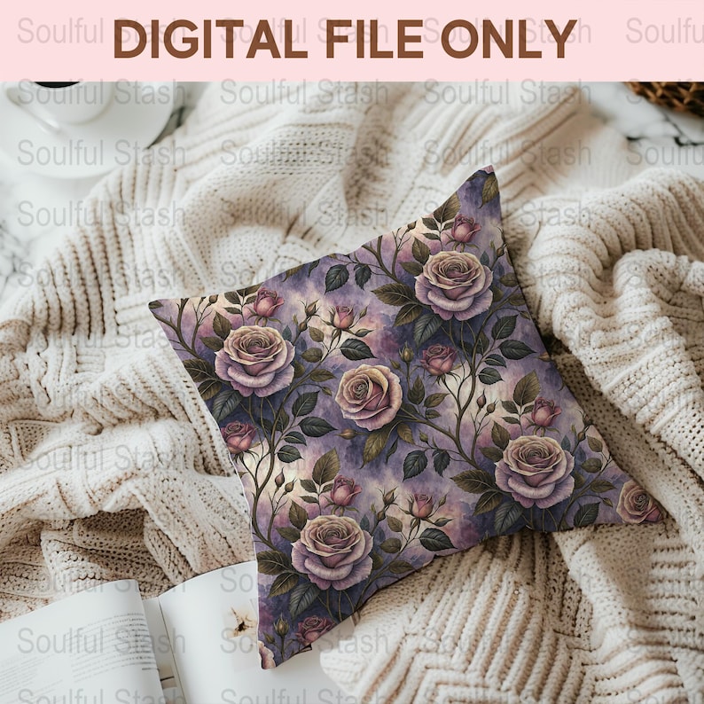 Floral Throw Pillow Cover, Purple Roses Decorative Cushion Case, Digital File Only, Instant Download Home Decor Design